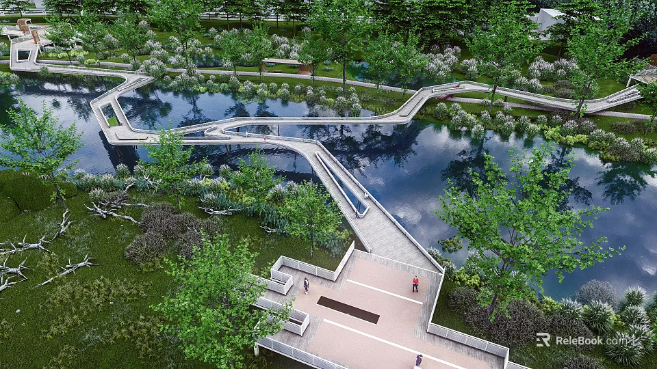Scenic Landscape Bridge Over Lake With Trees Greenery And Pedestrian Walkway 3d model 