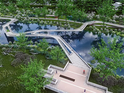 Scenic Landscape Bridge Over Lake With Trees Greenery And Pedestrian Walkway 3d model