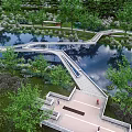 Scenic Landscape Bridge Over Lake With Trees Greenery And Pedestrian Walkway
