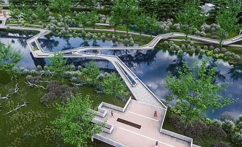 Modern Park Landscape Bridge Ecological Green Corridor Landscape Plank Road Waterfront Plank Road Landscape Promenade Park Corridor 3d model