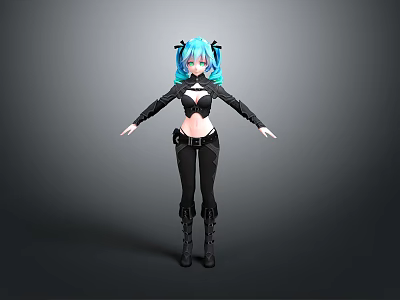 3D Anime Character Model With Blue Green Pigtails And Black Outfit Boots 3d model
