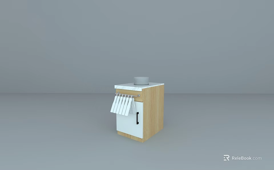 Modern Kitchen Cabinet With White And Wooden Design Countertop Small Bowl And Striped Towels Hanging 3d model 