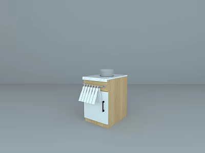 Modern Kitchen Cabinet With White And Wooden Design Countertop Small Bowl And Striped Towels Hanging 3d model