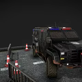 Tactical Police Armored Vehicle Parked With Traffic Cones And Barriers