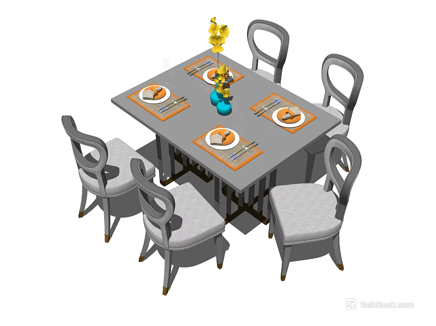 Modern Dining Table Set With Four Chairs And Tabletop Decorative Place Settings 3d model