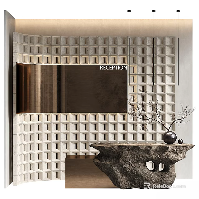 Modern Reception Desk With Stone Countertop And Decorative Branches Against Grid Patterned Wall 3d model