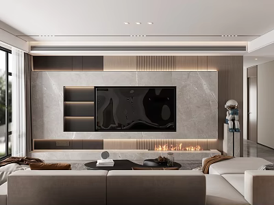 Modern Living Room Interior With Marble TV Wall Fireplace And Comfortable Sofa 3d model