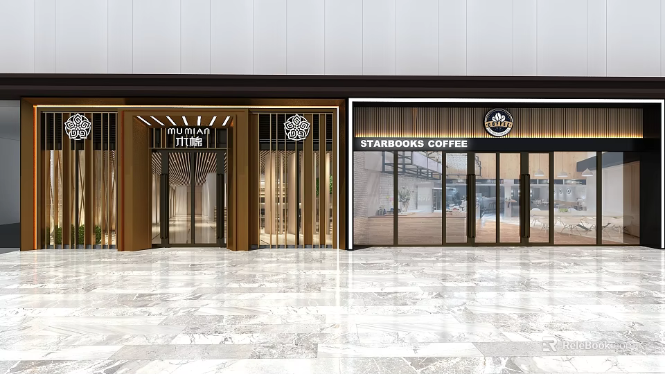Modern Shopping Mall Stores Featuring MUJI and Starbucks Coffee with Glass Entrance and Elegant Design 3d model 