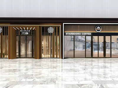 Modern Shopping Mall Stores Featuring MUJI and Starbucks Coffee with Glass Entrance and Elegant Design 3d model