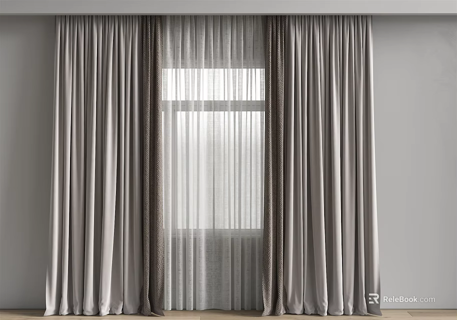 Modern Layered Curtains With Gray Velvet And White Sheer For Window Interior 3d model 