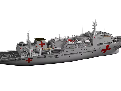 Grey Medical Support Ship With Helipad And Red Cross Symbols 3d model
