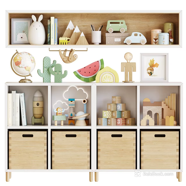Kids Playroom Decorative Cabinet With Toys Globe Cactus And Building Blocks 3d model 