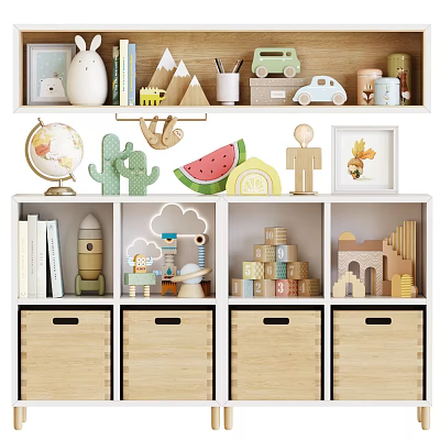 Kids Playroom Decorative Cabinet With Toys Globe Cactus And Building Blocks 3d model