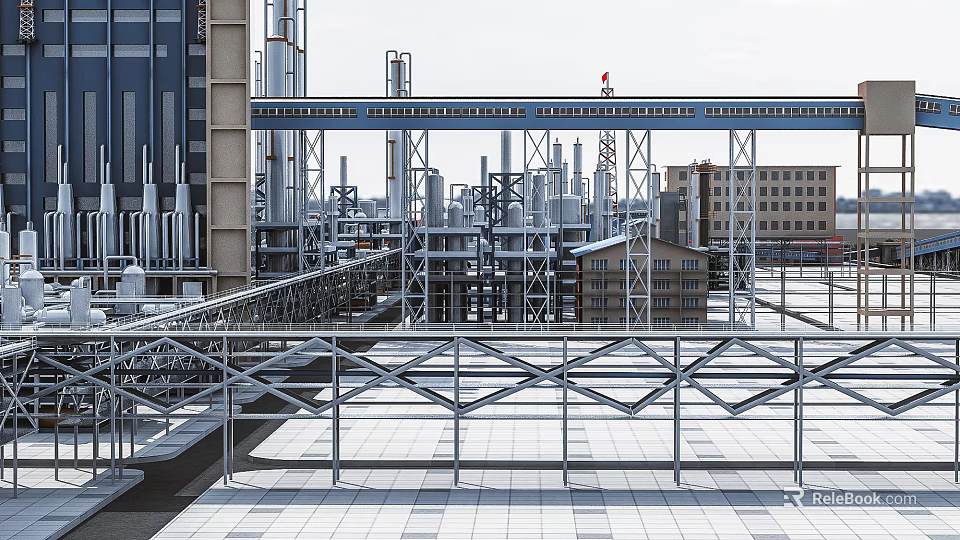Large Industrial Factory With Steel Structures Pipes Rooftop Platforms And Buildings 3d model 