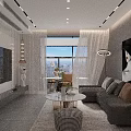 Modern Living Dining Room Interior With Sofa Coffee Table And Floor to Ceiling Windows