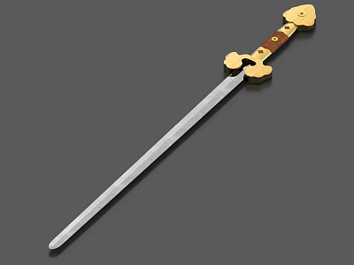 Antique Style Metal Sword With Silver Blade Brown Wooden Hilt And Golden Decorations 3d model