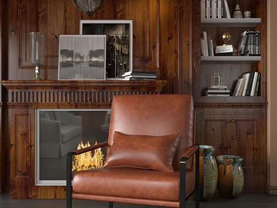 Brown Leather Single Sofa In Living Room With Wooden Wall Fireplace And Bookshelf Decor 3d model