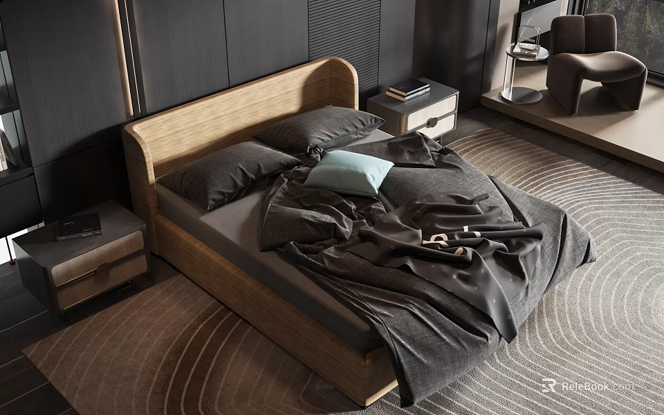 Modern Wooden Double Bed With Curved Headboard Gray Bedsheets Pillows Blue Cushion Nightstands And Carpet 3d model 