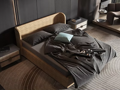 Modern Wooden Double Bed With Curved Headboard Gray Bedsheets Pillows Blue Cushion Nightstands And Carpet 3d model