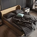 Modern Wooden Double Bed With Curved Headboard Gray Bedsheets Pillows Blue Cushion Nightstands And Carpet