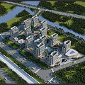Modern Residential Buildings With River Green Space And Surrounding Roads