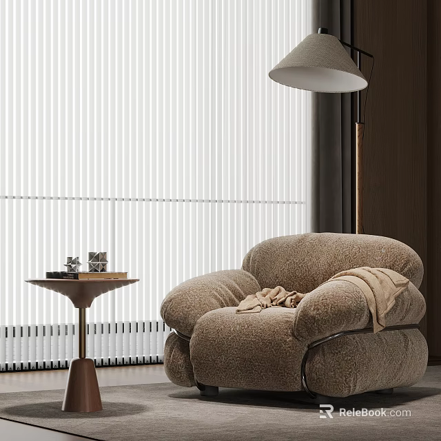 Plush Brown Single Sofa With Side Table Floor Lamp And Window Blinds 3d model