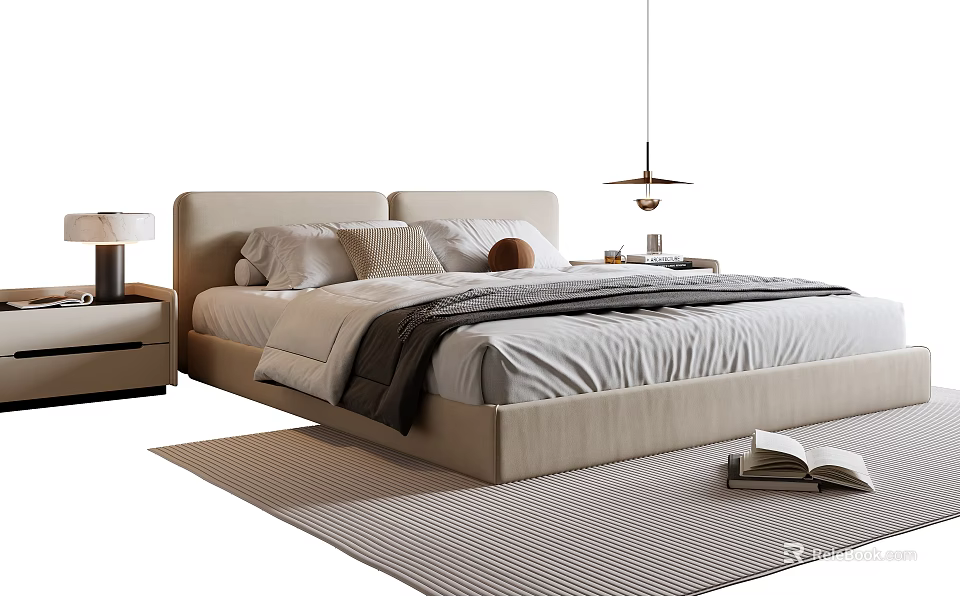 Modern Double Bed With Beige Headboard Gray Bedding Nightstand And Pendant Light 3d model 