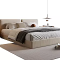 Modern Double Bed With Beige Headboard Gray Bedding Nightstand And Pendant Light