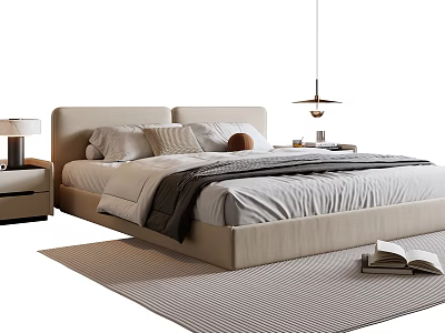Modern Double Bed With Beige Headboard Gray Bedding Nightstand And Pendant Light 3d model