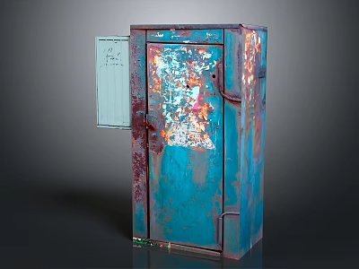 Rusty Blue Metal Equipment Cabinet With Open Door And Internal Components 3d model