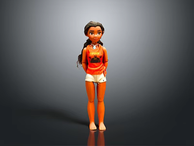 Woman With Long Black Braided Hair Wearing Orange Top White Shorts Barefoot On Gray Background 3d model