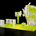 Green Exhibition Display Stand Featuring Product Packaging And Cartoon Robot Elements 3d model