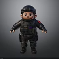 3D Cartoon Police Character Wearing Black Tactical Uniform With Helmet And Gear