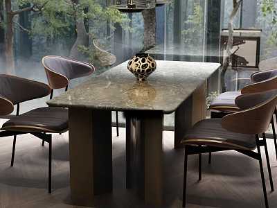 Modern Luxury Dining Table Set With Marble Top And Upholstered Wooden Chairs By Forest View 3d model
