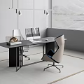 Modern Minimalist Dark Office Desk With Ergonomic Chairs In Bright Contemporary Office Workspace