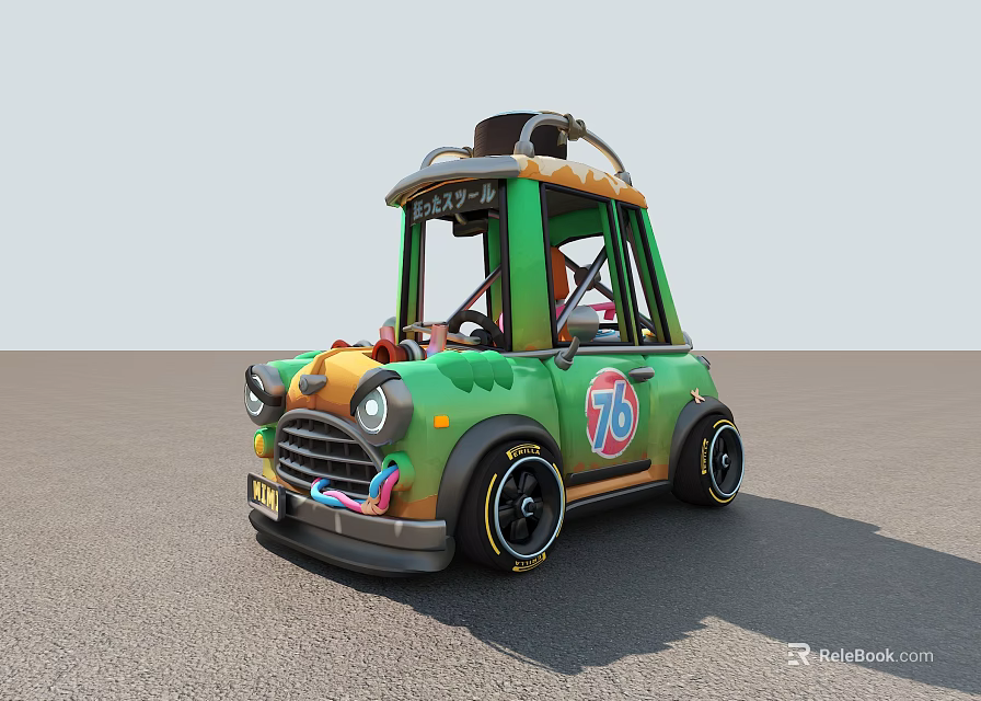 Cartoon Style Green Car With Orange Yellow Accents 76 Logo Black Wheels And Roof Decoration 3d model 