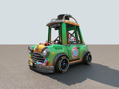 Cartoon Style Green Car With Orange Yellow Accents 76 Logo Black Wheels And Roof Decoration 3d model