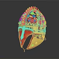 Medieval Knight Wearing Golden Helmet With Green Red Ornaments And Spikes