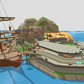3D Rendered Coastal Scene Featuring Small Houses Wooden Dock Sailing Ship And Island