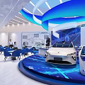 Modern Exhibition Hall Interior Design With White Car Display And Blue Tech Elements 3d model