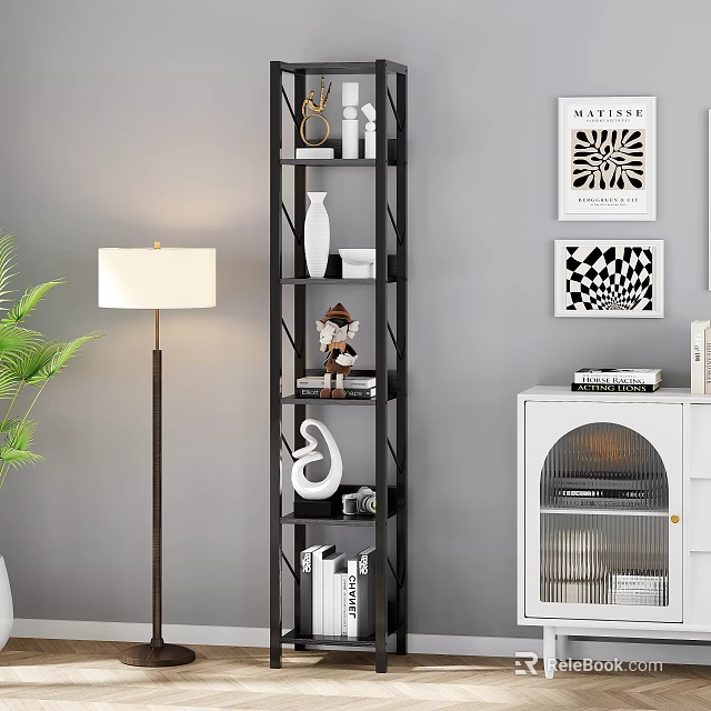 Modern Black Shelving Unit with Decorative Sculptures Books and Vases in Living Room 3d model 