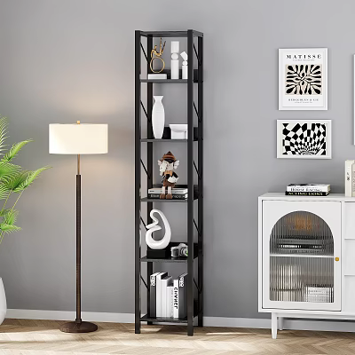 Modern Black Shelving Unit with Decorative Sculptures Books and Vases in Living Room 3d model