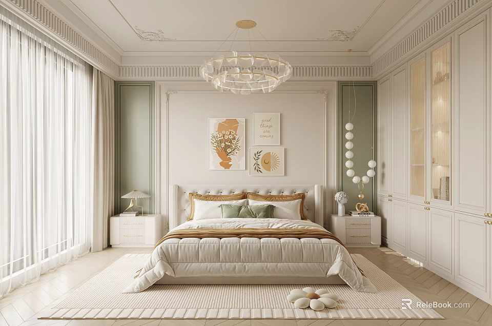 Elegant Modern Bedroom Interior With Chandelier Green Walls And Upholstered Bed 3d model 
