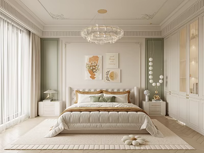 Elegant Modern Bedroom Interior With Chandelier Green Walls And Upholstered Bed 3d model