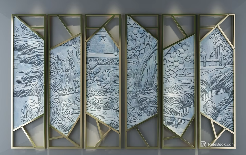 Modern Chinese Style Partition Screen With Carved Landscape Patterns And Metal Frame 3d model 