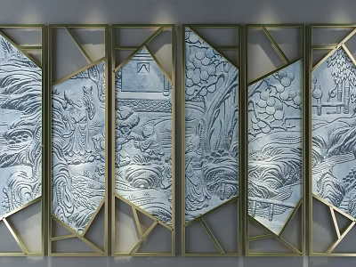 Modern Chinese Style Partition Screen With Carved Landscape Patterns And Metal Frame 3d model