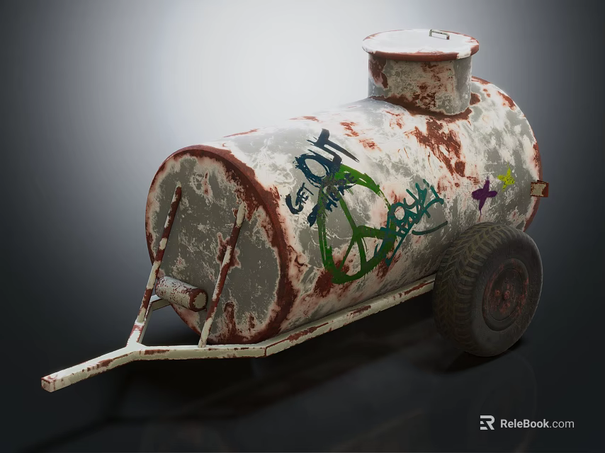 Old Rusted Oil Tank Trailer Featuring Graffiti Peace Sign And Wheel 3d model 