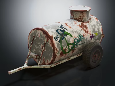 Old Rusted Oil Tank Trailer Featuring Graffiti Peace Sign And Wheel 3d model