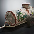 Old Rusted Oil Tank Trailer Featuring Graffiti Peace Sign And Wheel