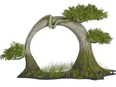 Curved Arbor With Loop Shaped Trunk Mossy Roots And Surrounding Grass 3d model